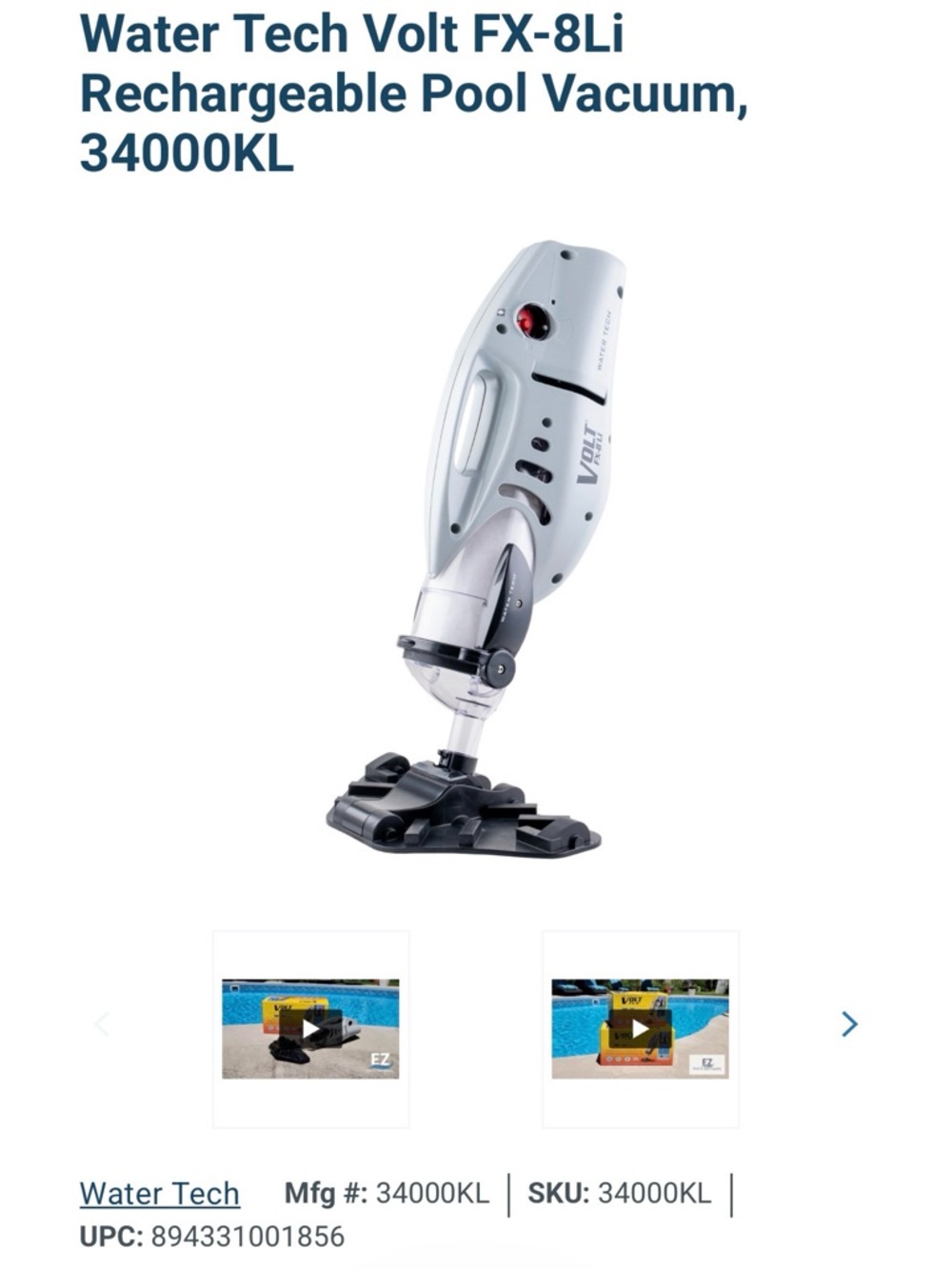 Water Tech Volt FX-8LI Rechargeable Pool Vacuum - Silver & Black